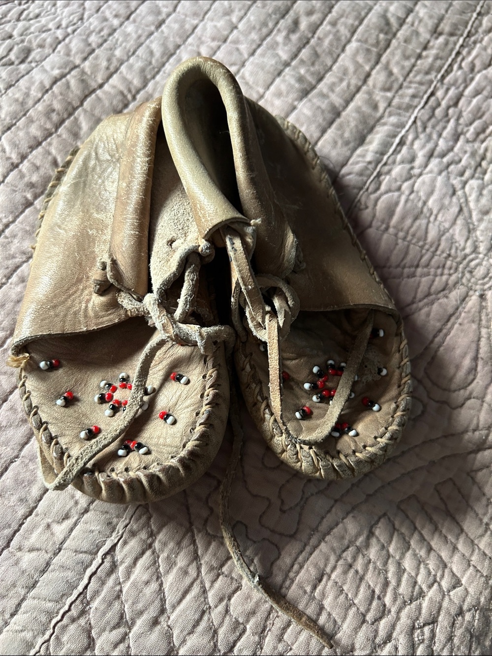 Vintage Handmade Tan Leather Beaded Children's Moccasins